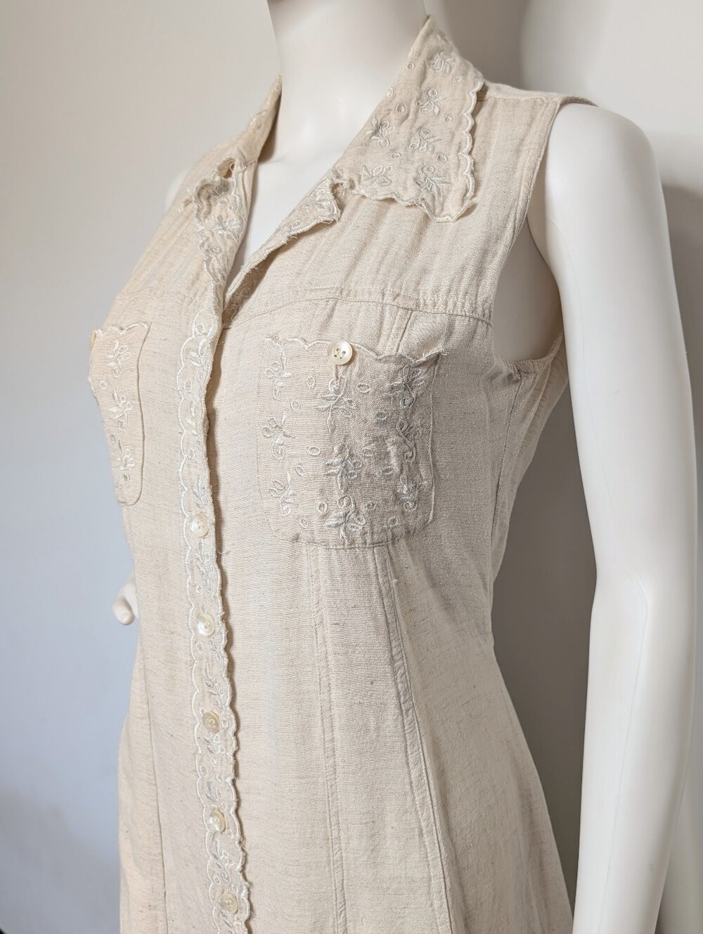 Vintage 90s Cream Color Linen Blend Button Front Sleeveless Collared Midi Dress - Picture 5 of 14